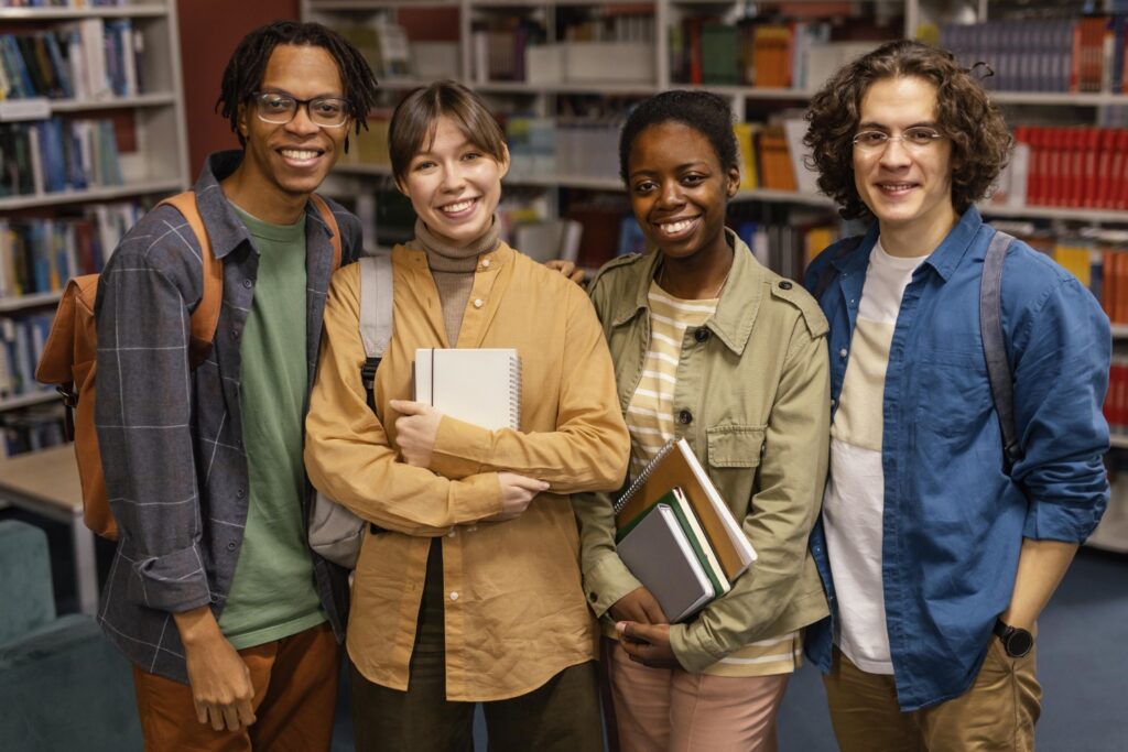 Four students in the library